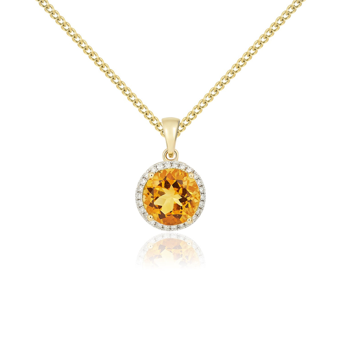 9CT YG 8MM ROUND CITRINE AND DIAMOND CLAW CLUSTER PENDANT