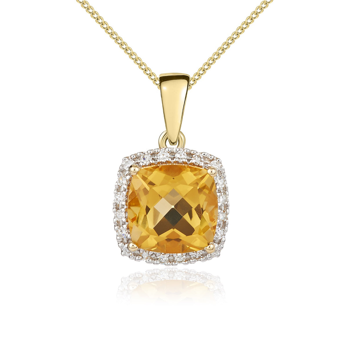 9CT YG 8MM CUSHION CITRINE AND ROUND DIAMOND CLAW CLUSTER PENDANT. RHODIUM TO DIAMONDS