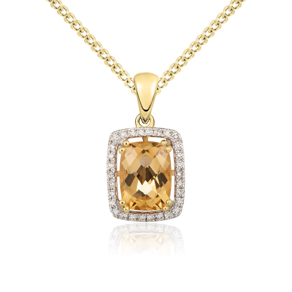 9CT YG 8X6 CHECKERBOARD CUSHION CITRINE & DIAMOND CLUSTER PENDANT. RHODIUM TO DIAMONDS