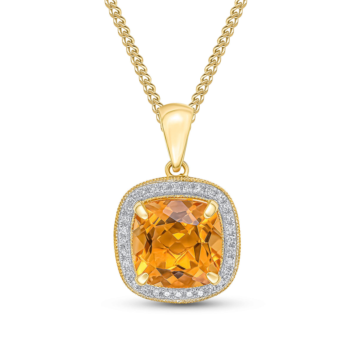 9CT YG 9MM CUSHION CITRINE & DIAMOND CLUSTER PENDANT. MILLEGRAIN EDGE