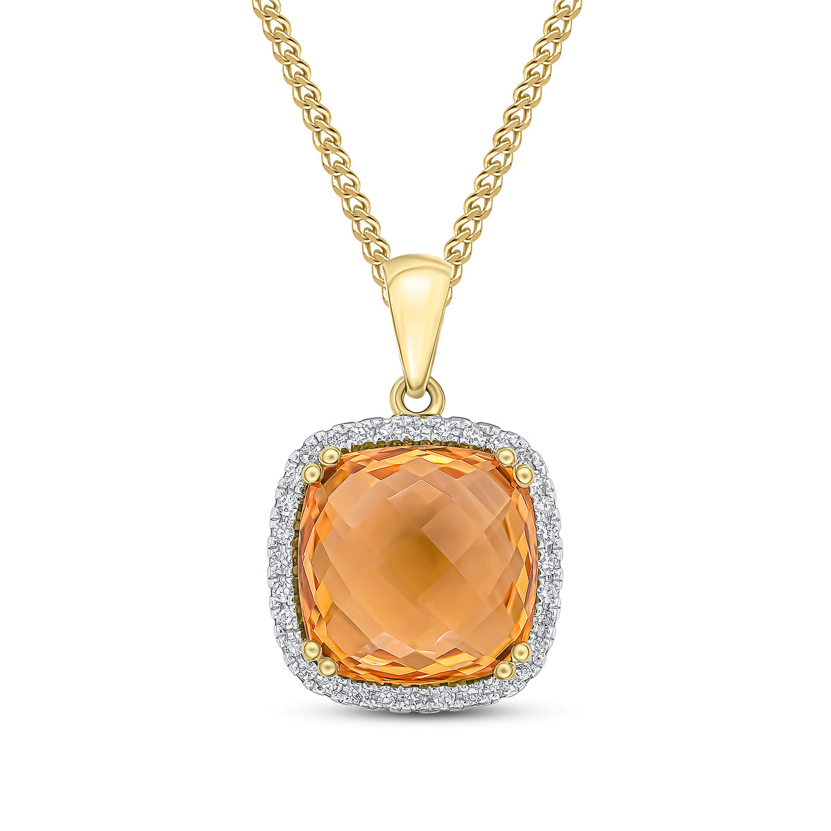 9CT YG 10MM CHECKEBOARD CUT CUSHION CITRINE & DIAMOND CLAW SET CLUSTER PENDANT. RHODIUM TO DIAMONDS