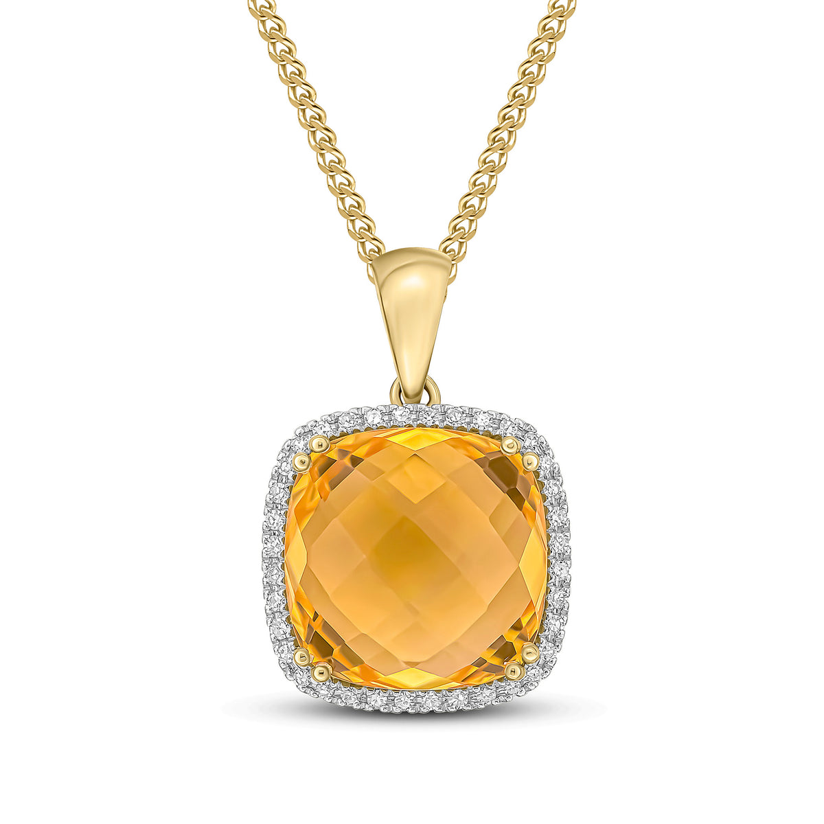 9CT YG 12MM CHECKERBOARD CUT CUSHION CITRINE & DIAMOND CLUSTER PENDANT. RHODIUM TO DIAMONDS