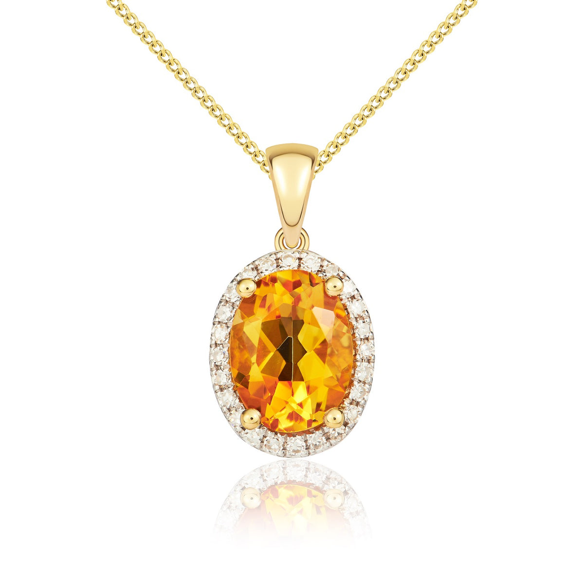 9CT YG 8X6 OVAL CITRINE & DIAMOND CLAW SET CLUSTER PENDANT. RHODIUM TO DIAMONDS