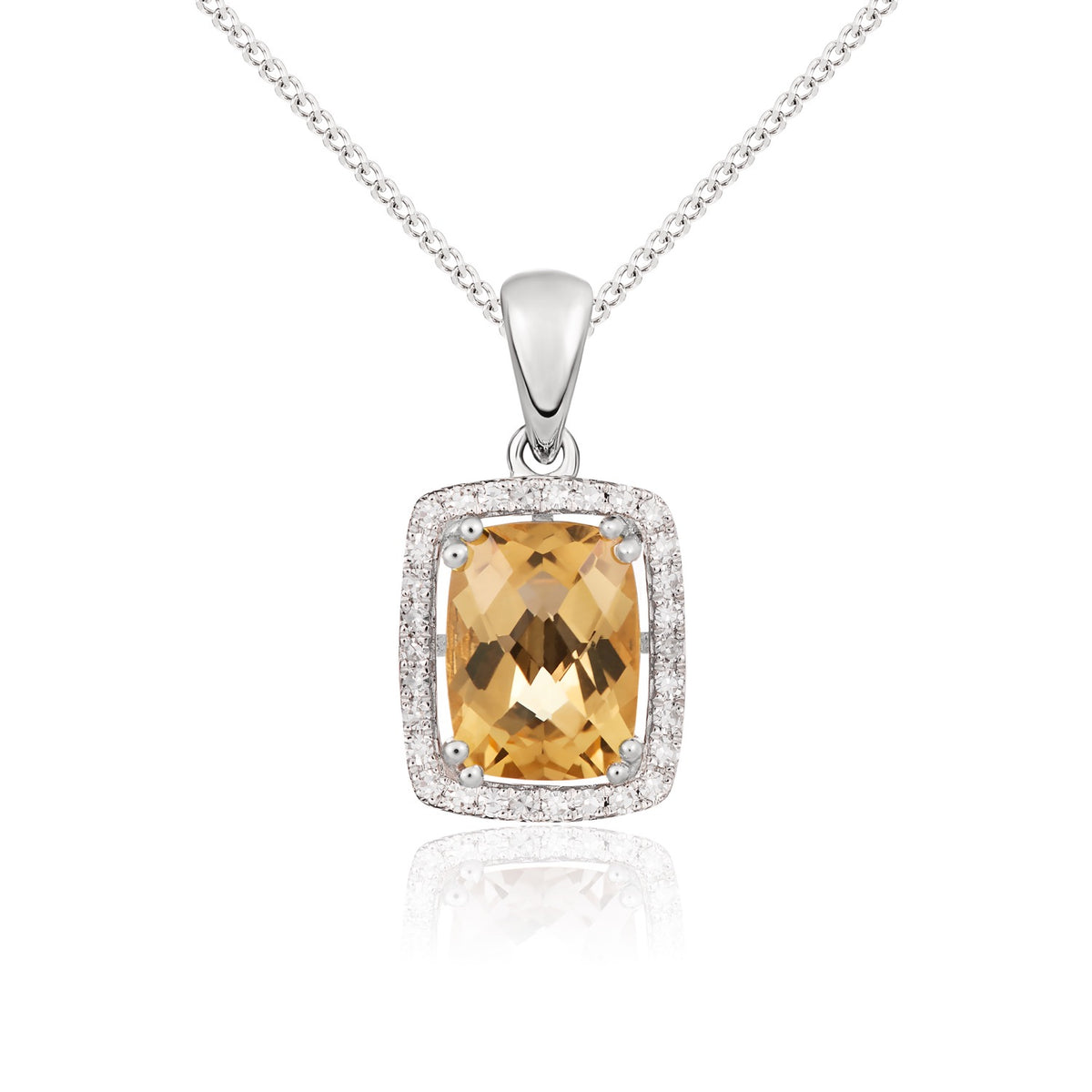 9CT WG 8X6 CUSHION CITRINE & DIAMOND HALO CLUSTER PENDANT