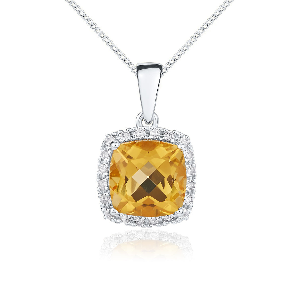 9CT WG 8MM CUSHION CITRINE AND ROUND DIAMOND CLAW CLUSTER PENDANT