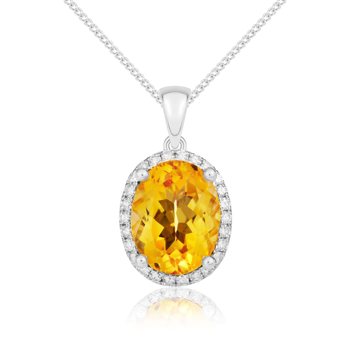9CT WG 9X7 OVAL CITRINE & DIAMOND CLAW SET CLUSTER PENDANT