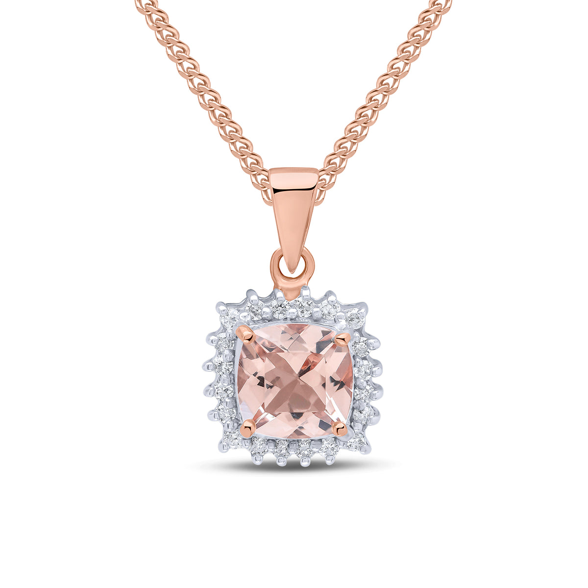 9CT RG 6MM CUSHION MORGANITE & DIAMOND CLAW SET CLUSTER PENDANT. RHODIUM TO DIAMONDS