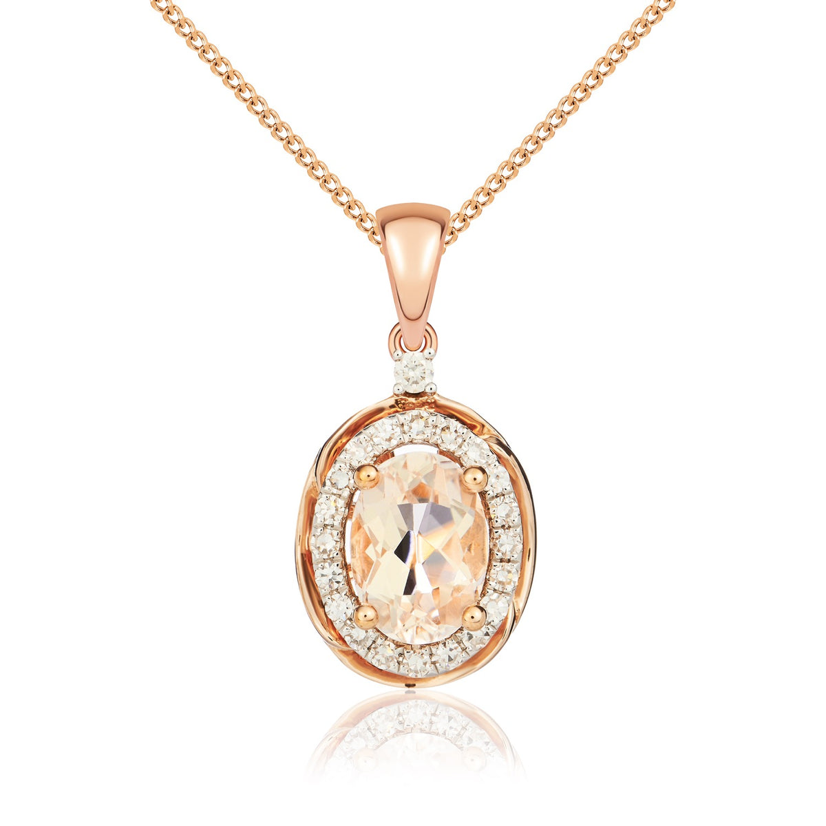 9CT RG 7X5 OVAL MORGANITE & DIAMOND CLUSTER PENDANT WITH ROPE EDGE. RHODIUM TO DIAMONDS