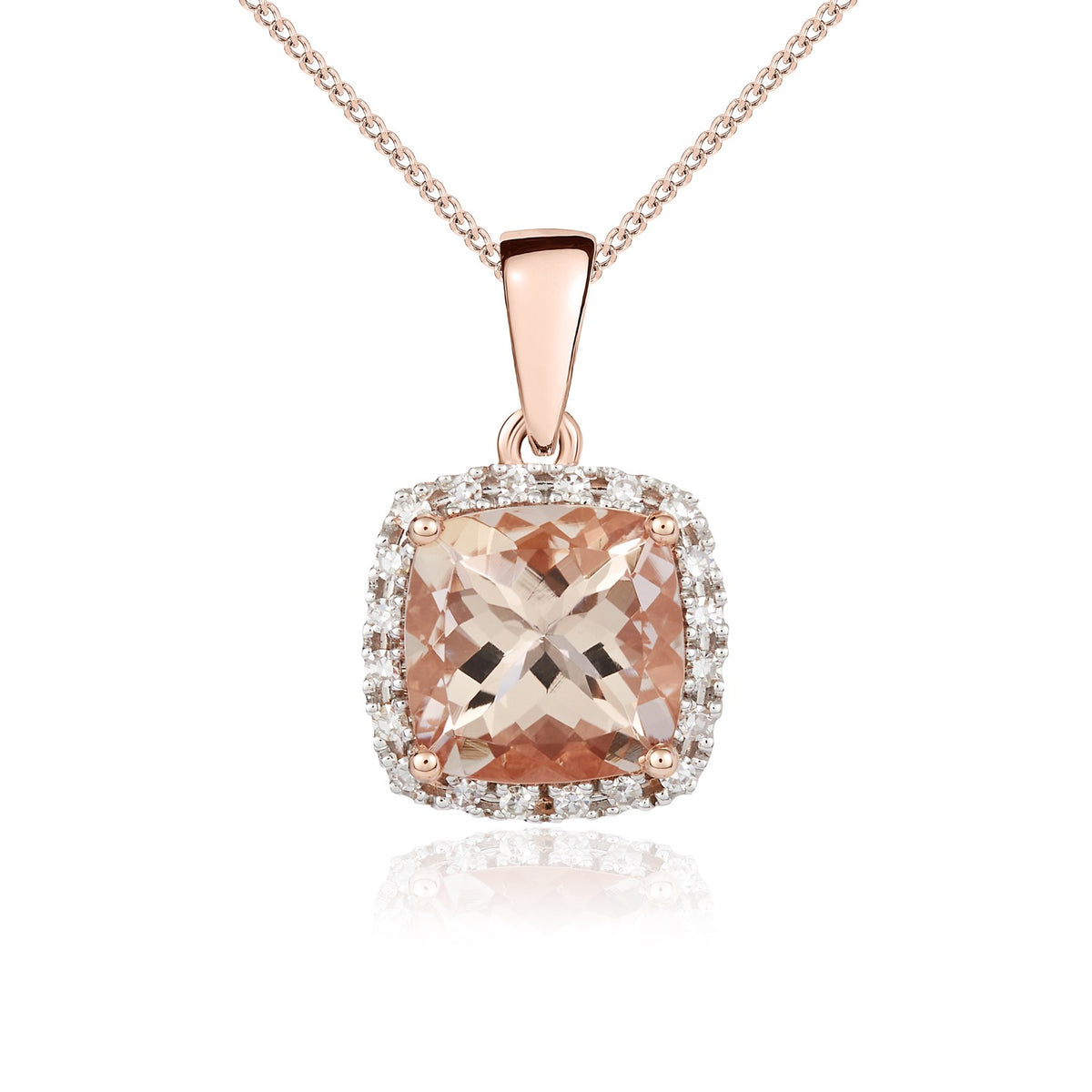 9CT RG 8MM CUSHION MORGANITE AND ROUND DIAMOND CLAW CLUSTER PENDANT. RHODIUM TO DIAMONDS