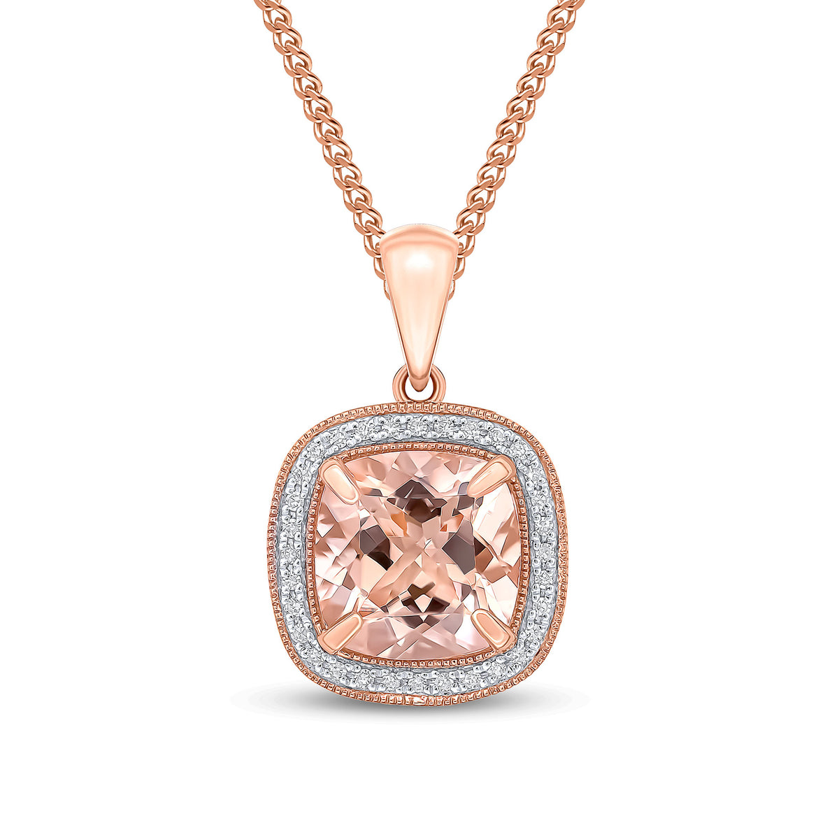 9CT RG 9MM CUSHION MORGANITE & DIAMOND CLUSTER PENDANT. MILLEGRAIN EDGE