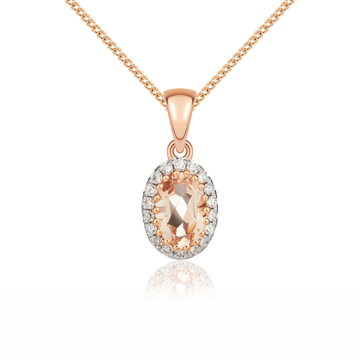 9CT ROSE GOLD OVAL MORGANITE AND DIAMOND CLAW CLUSTER PENDANT