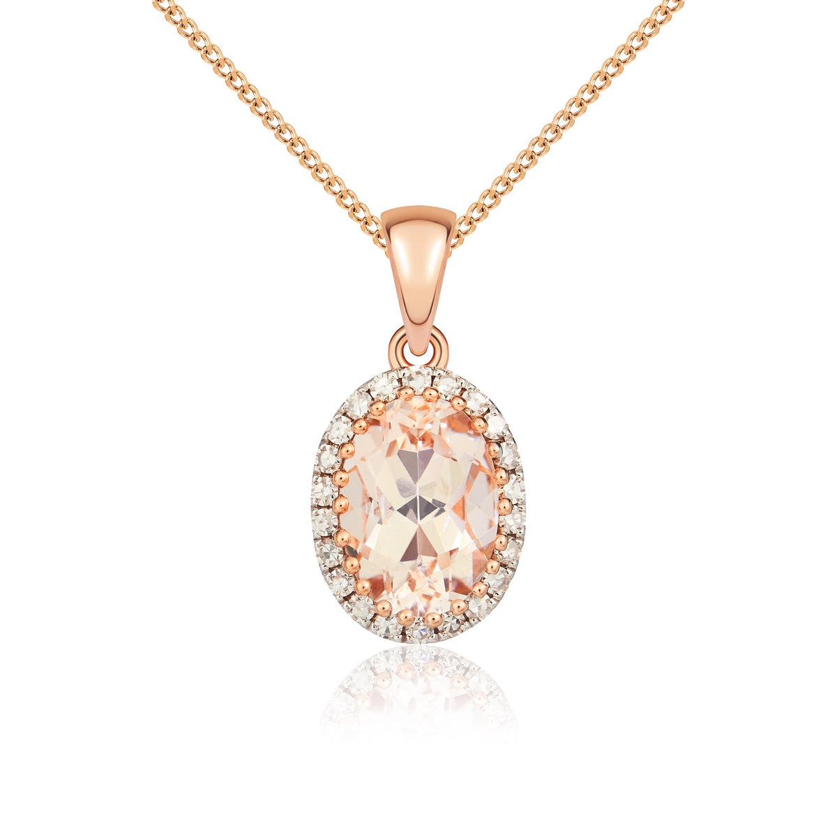 9CT ROSE GOLD OVAL MORGANITE AND ROUND DIAMOND CLAW CLUSTER PENDANT WITH PLAIN LOOP . RHODIUM TO DIAMONDS