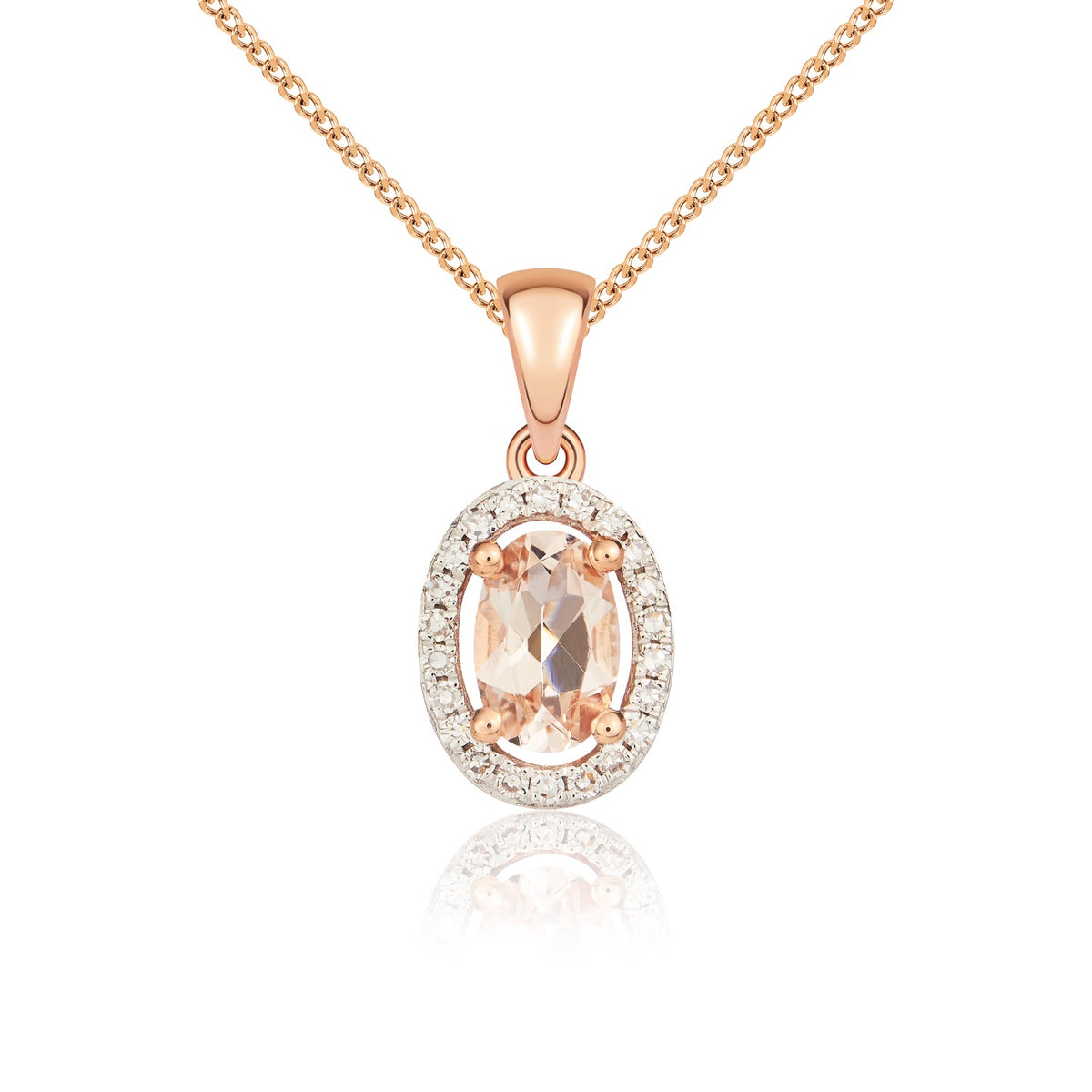 9CT RG 6X4 OVAL MORGANITE AND ROUND DIAMOND HALO CLUSTER PENDANT WITH PLAIN LOOP TOP. RHODIUM TO DIAMONDS