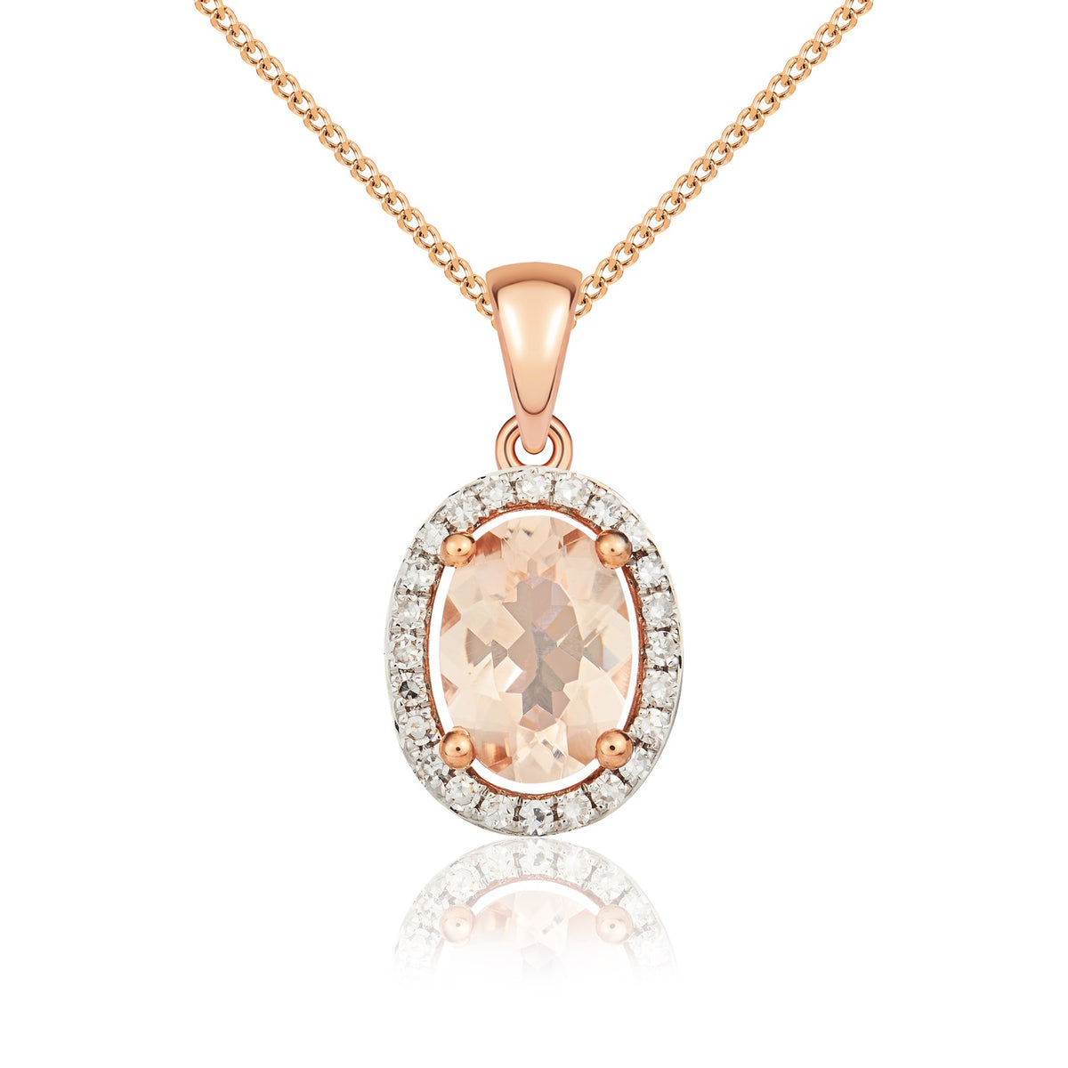 9CT RG 7X5MM OVAL MORGANITE AND DIAMOND HALO CLUSTER PENDANT. RHODIUM TO DIAMONDS