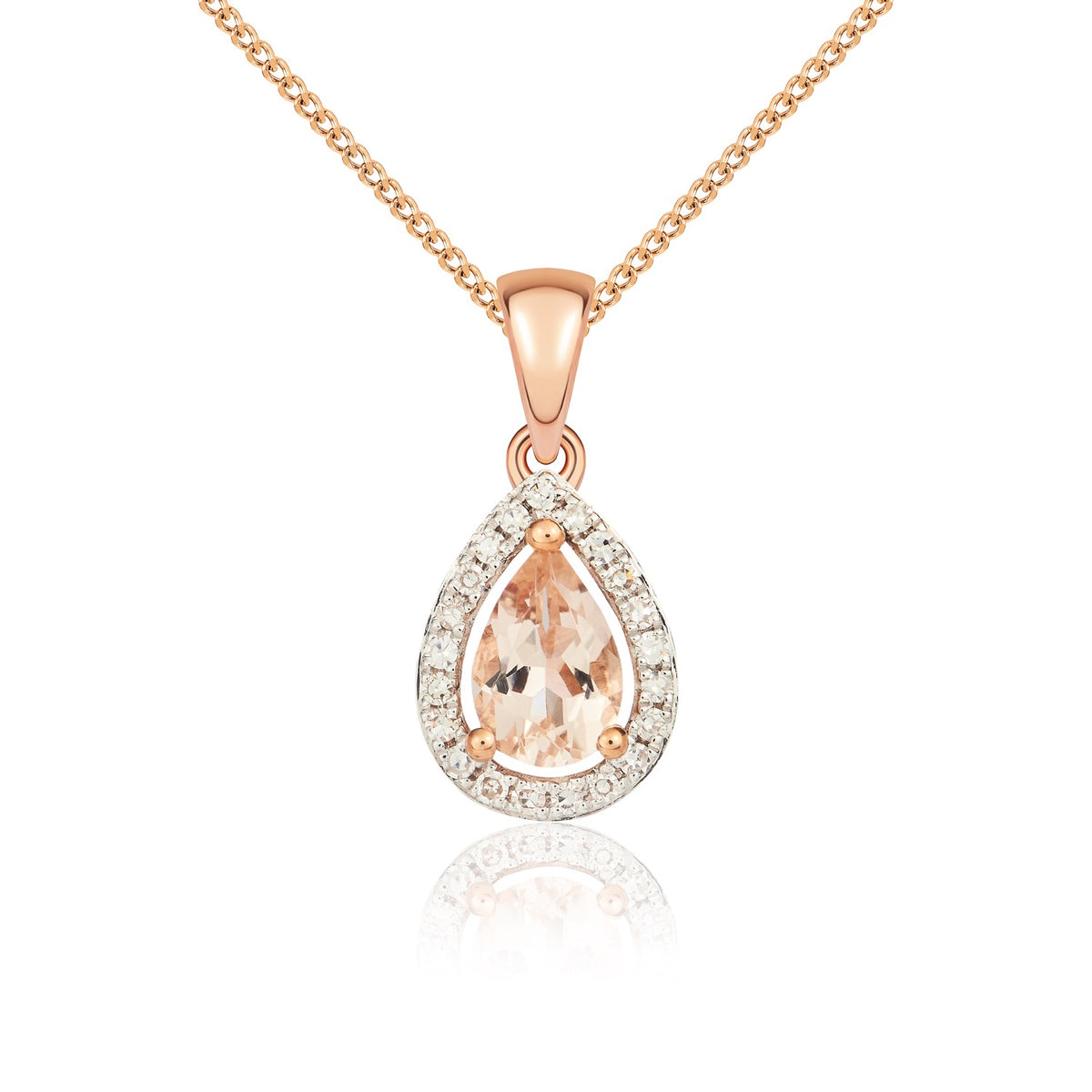 9CT RG 6X4 PEARSHAPE MORGANITE & DIAMOND HALO CLAW CLUSTER PENDANT. RHDOIUM TO DIAMONDS