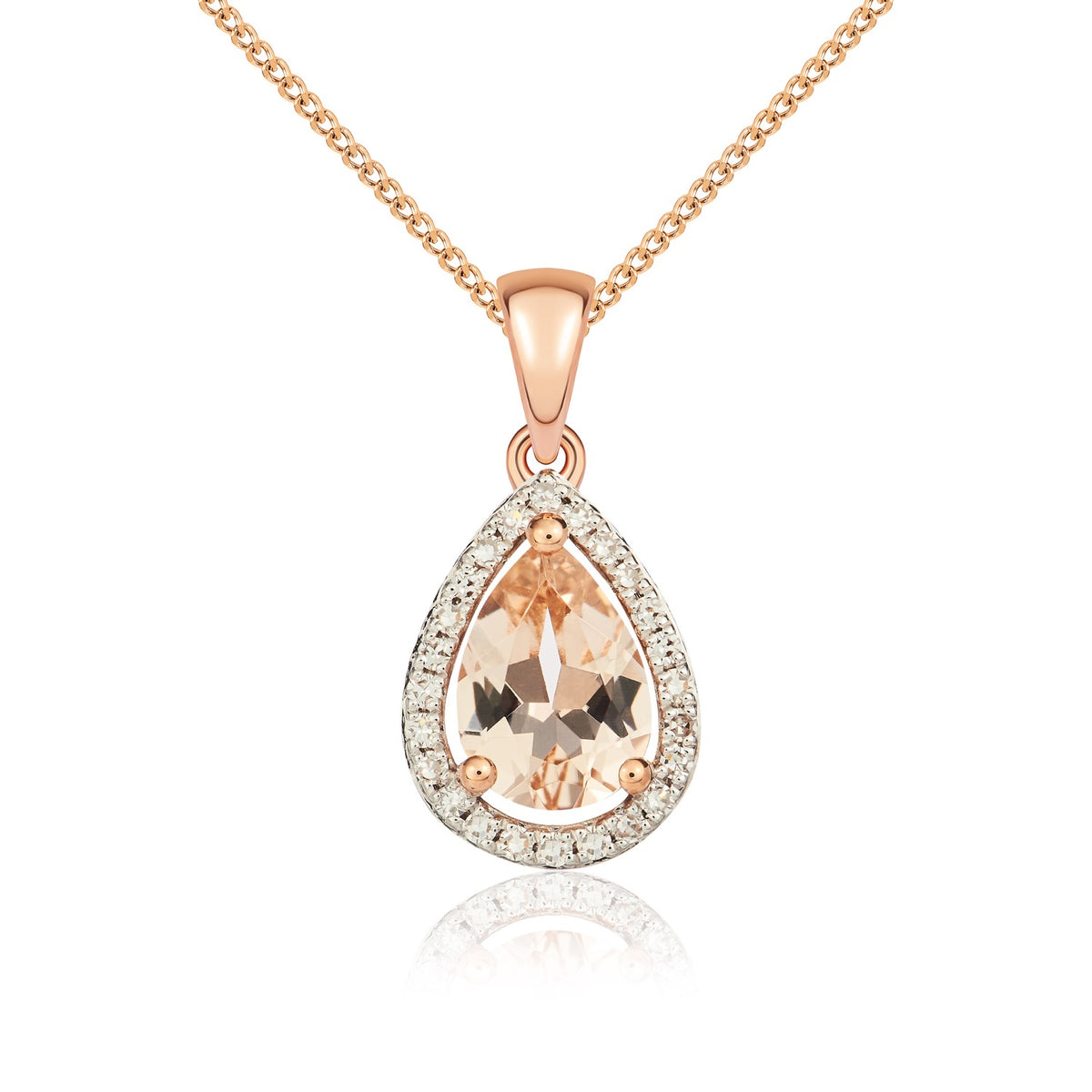 9CT RG 7X5 PEARSHAPE MORGANITE & DIAMOND HALO CLAW CLUSTER PENDANT. RHDOIUM TO DIAMOND
