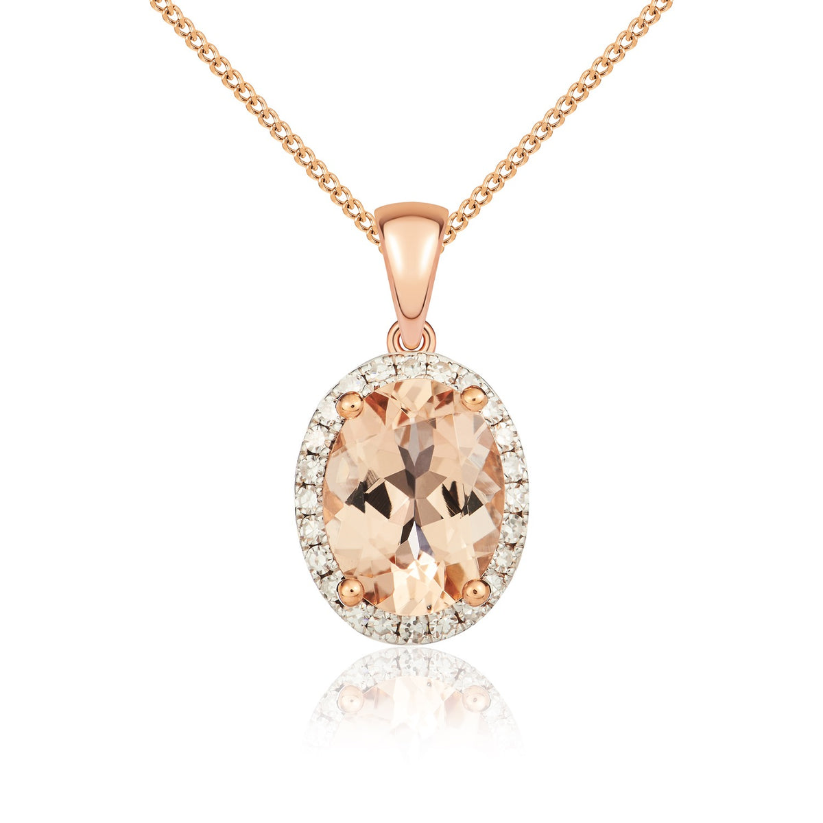 9CT RG 8X6 OVAL MORGANITE & DIAMOND CLAW SET CLUSTER PENDANT. RHODIUM TO DIAMONDS