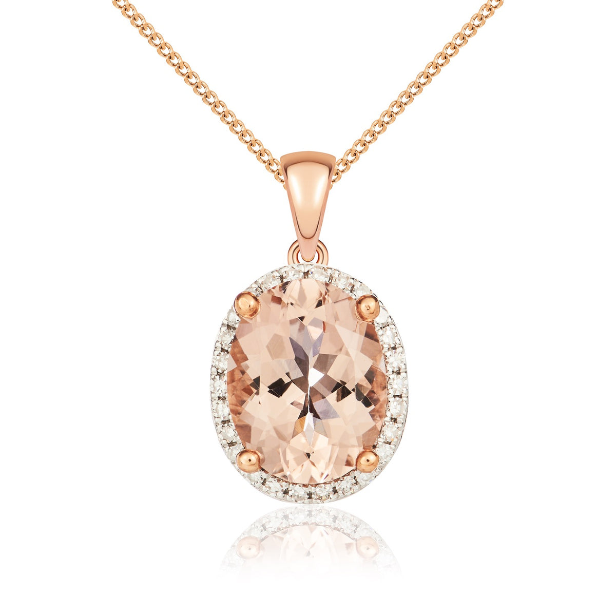 9CT RG 9X7 OVAL MORGANITE & DIAMOND CLAW SET CLUSTER PENDANT. RHODIUM TO DIAMONDS
