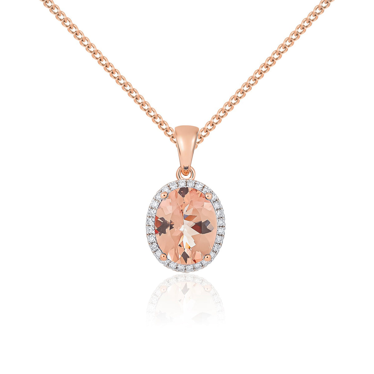 9CT RG 10X8 OVAL MORGANITE & DIAMOND CLAW CLUSTER PENDANT. RHODIUM TO DIAMONDS