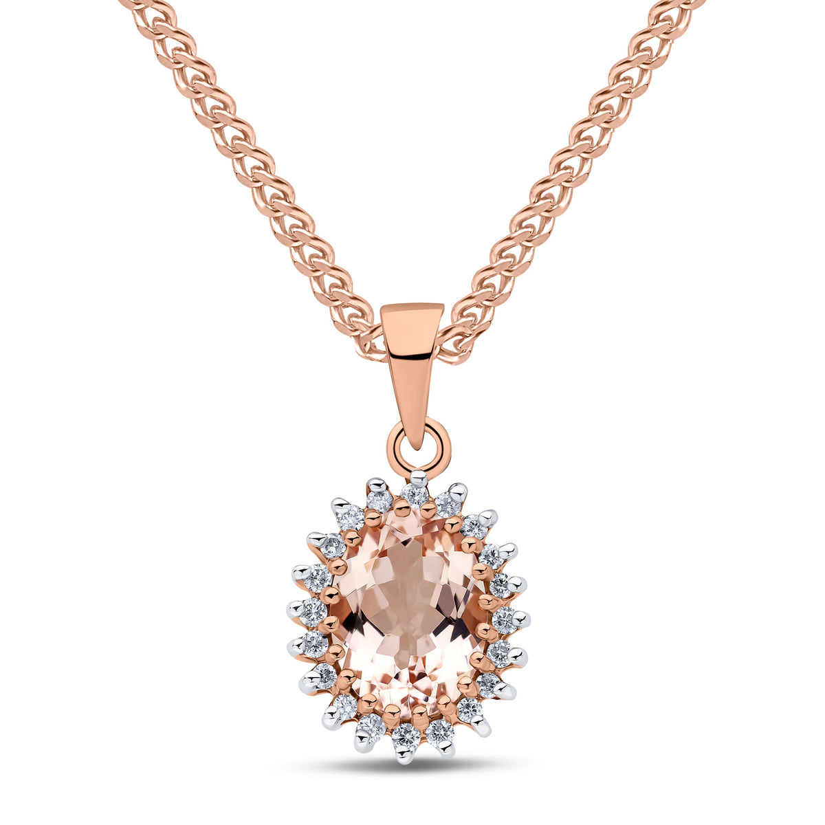 9CT RG 8X6 OVAL MORGANITE & DIAMOND CLAW SET CLUSTER PENDANT