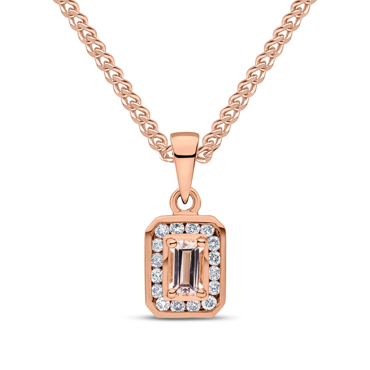 9CT RG 5X3 OCTAGON MORGANITE & DIAMOND CLUSTER PENDANT