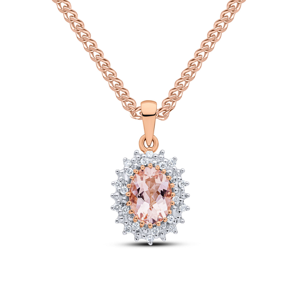 9RG 8x6 OVAL MORGANITE & DIAMOND CLUSTER PENDANT