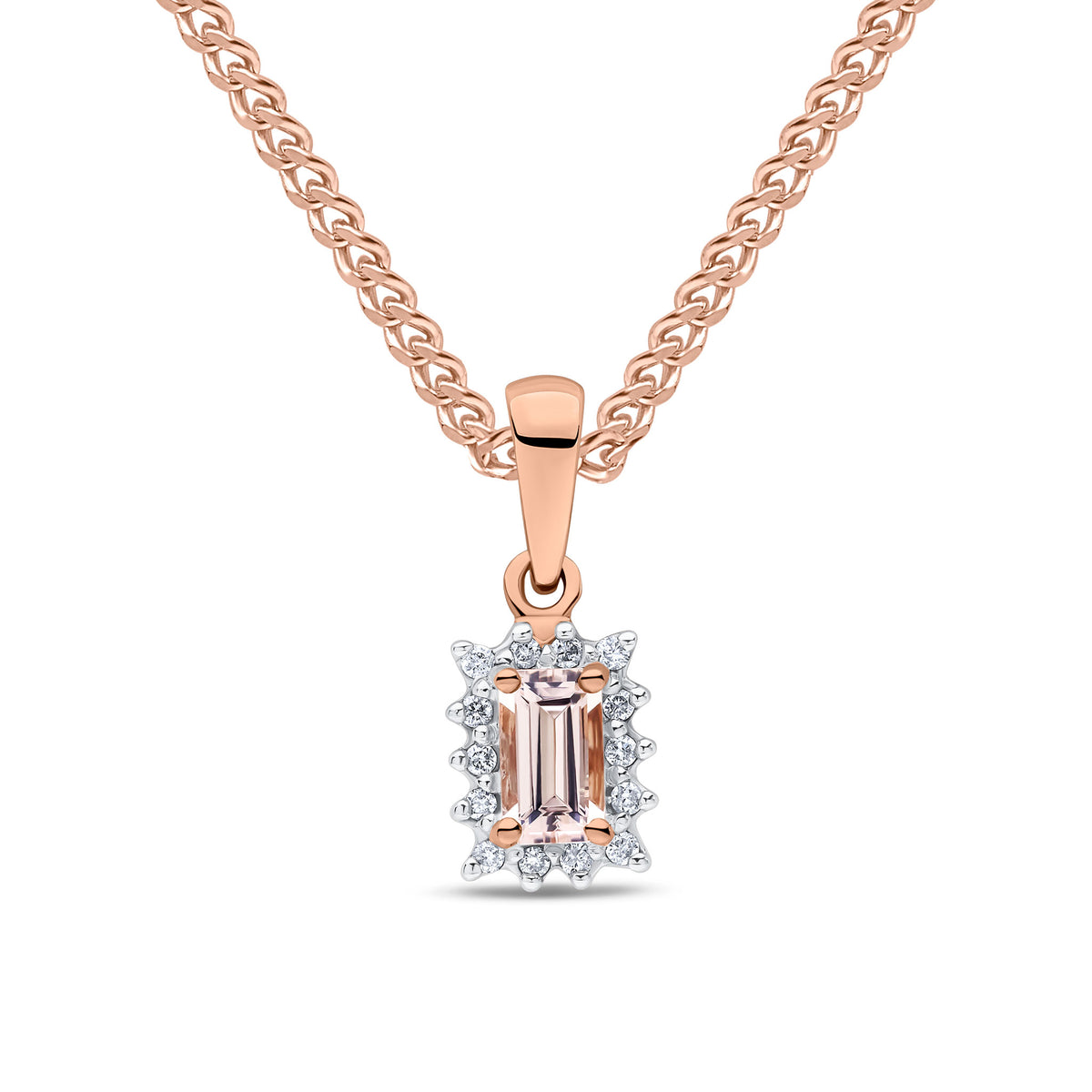 9CT RG 5X3 OCTAGON MORGANITE & DIAMOND CLAW SET CLUSTER PENDANT. RHODIUM TO DIAMONDS