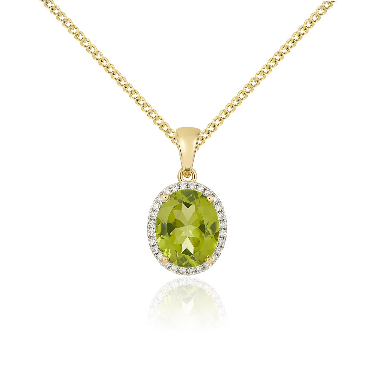 9CT YG 10X8 OVAL PERIDOT & DIAMOND CLAW CLUSTER PENDANT. RHODIUM TO DIAMONDS