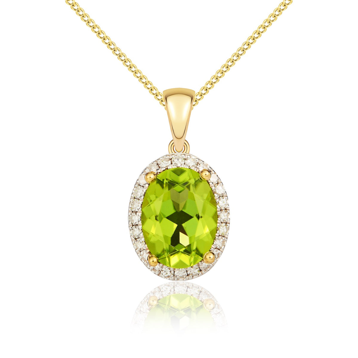 9CT YG 8X6 OVAL PERIDOT & DIAMOND CLAW SET CLUSTER PENDANT. RHODIUM TO DIAMONDS