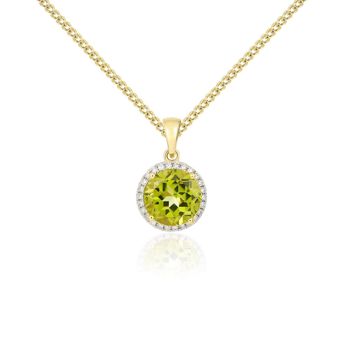 9CT YG 8MM ROUND PERIDOT AND DIAMOND CLAW CLUSTER PENDANT