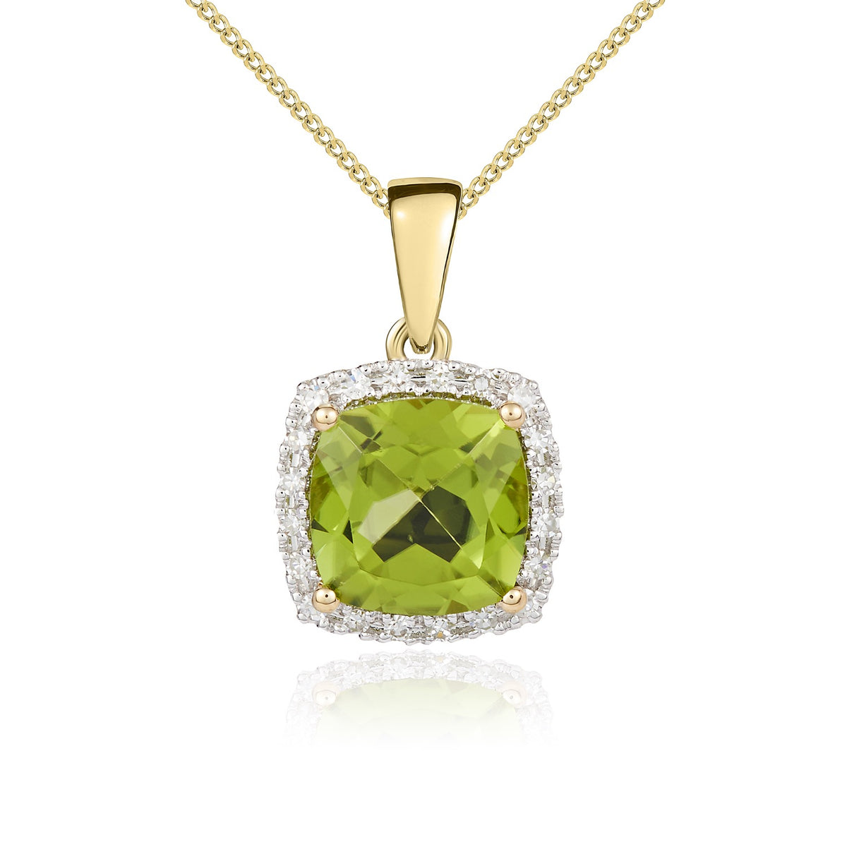 9CT YG 8MM CUSHION PERIDOT AND ROUND DIAMOND CLAW CLUSTER PENDANT. RHODIUM TO DIAMONDS * CURRENTLY UNAVAILABLE DUE TO STONE SHORTAGE *