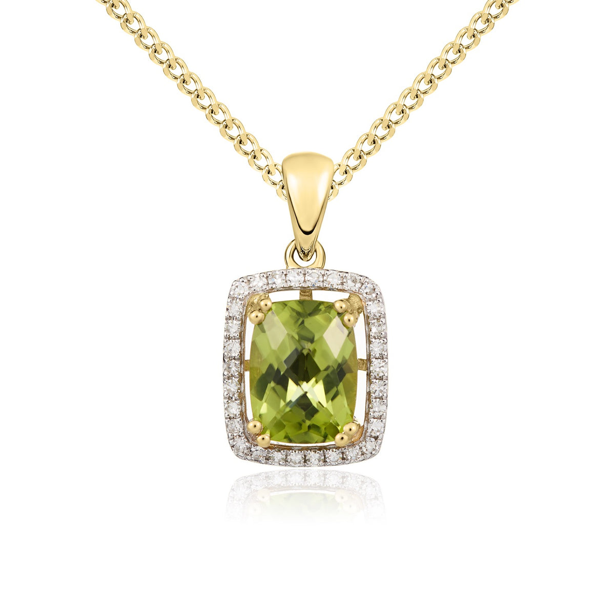 9CT YG 8X6 CHECKERBOARD CUSHION PERIDOT & DIAMOND CLUSTER PENDANT. RHODIUM TO DIAMONDS