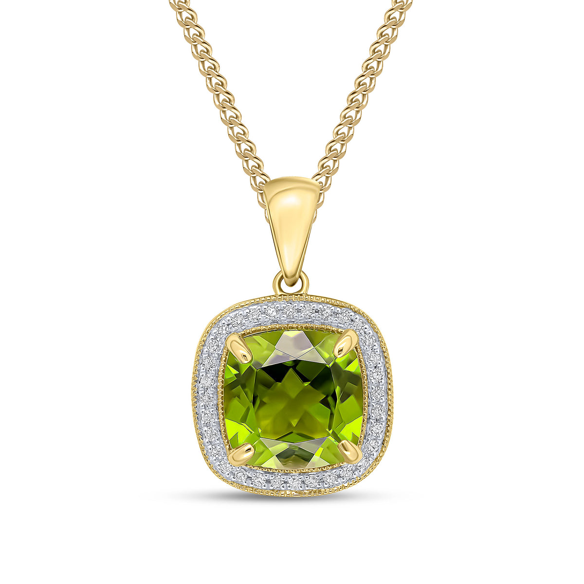 9CT YG 9MM CUSHION PERIDOT & DIAMOND CLUSTER PENDANT.  MILLEGRAIN EDGE