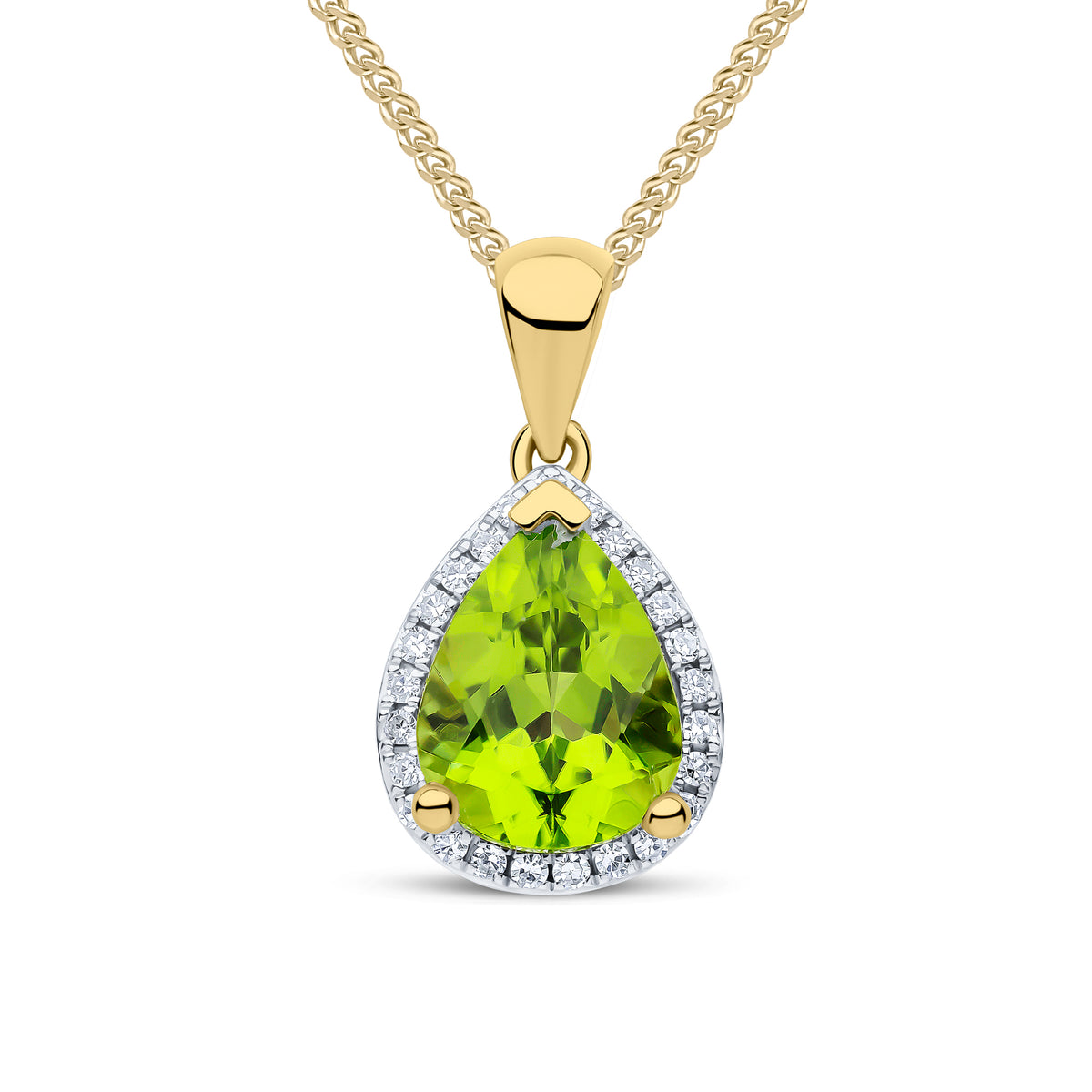 9CT YG 9X7 PEARSHAPE PERIDOT AND DIAMOND CLAW SET CLUSTER PENDANT. RHODIUM TO DIAMONDS
