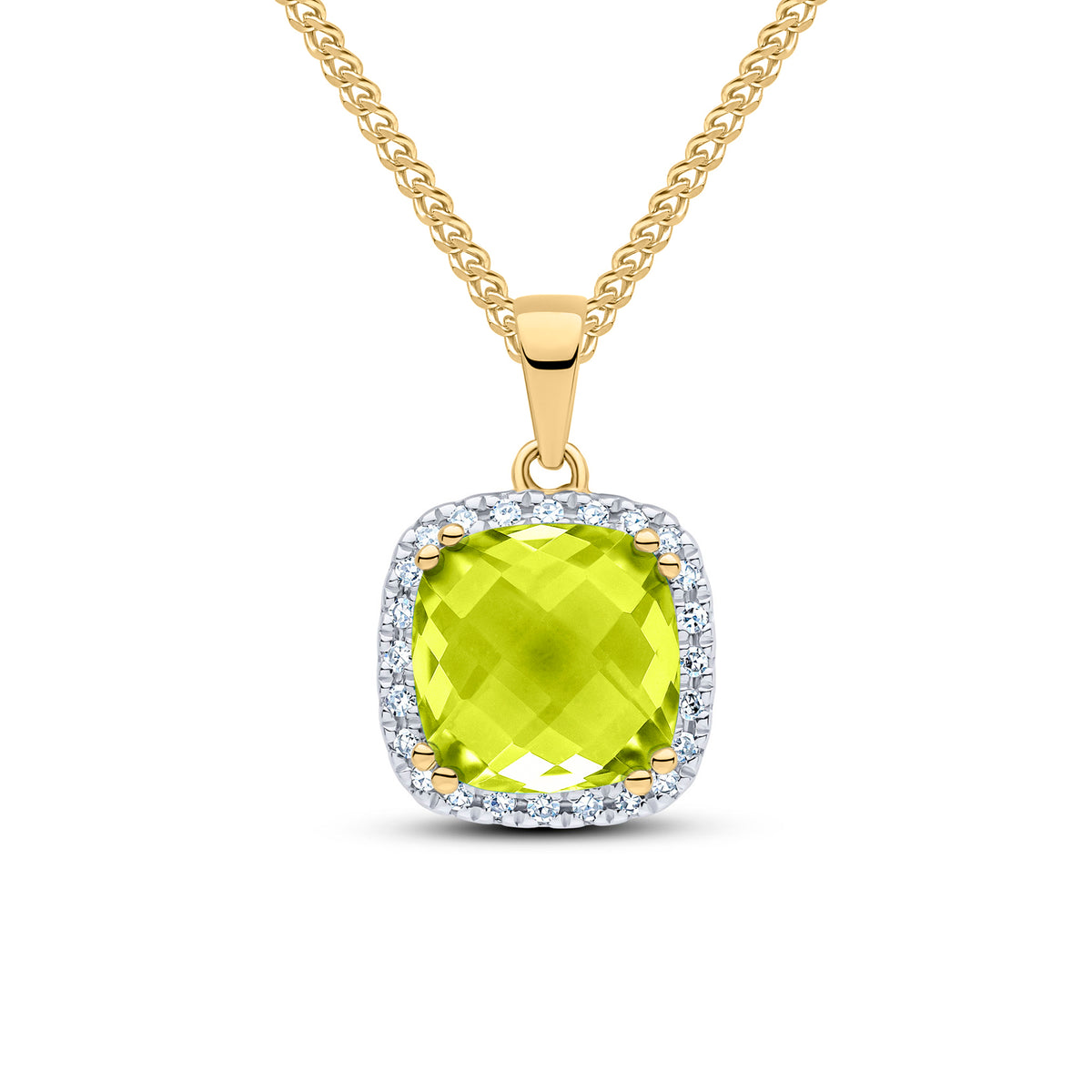 9CT YG 8MM CHECKEBOARD CUT CUSHION PERIDOT & DIAMOND CLAW SET CLUSTER PENDANT. RHODIUM TO DIAMONDS
