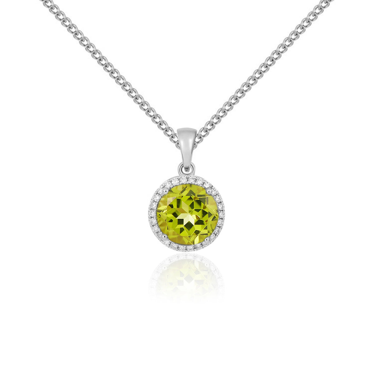 9CT WG 8MM ROUND PERIDOT AND DIAMOND CLAW CLUSTER PENDANT