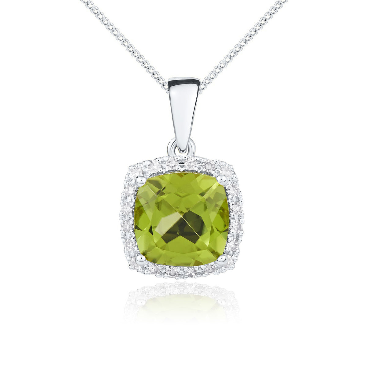 9CT WG 8MM CUSHION PERIDOT AND ROUND DIAMOND CLAW CLUSTER PENDANT* CURRENTLY UNAVAILABLE DUE TO STONE SHORTAGE *