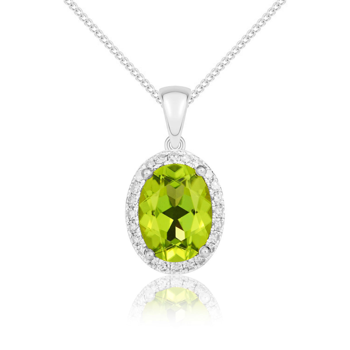 9CT WG 8X6 OVAL PERIDOT & DIAMOND CLAW SET CLUSTER PENDANT