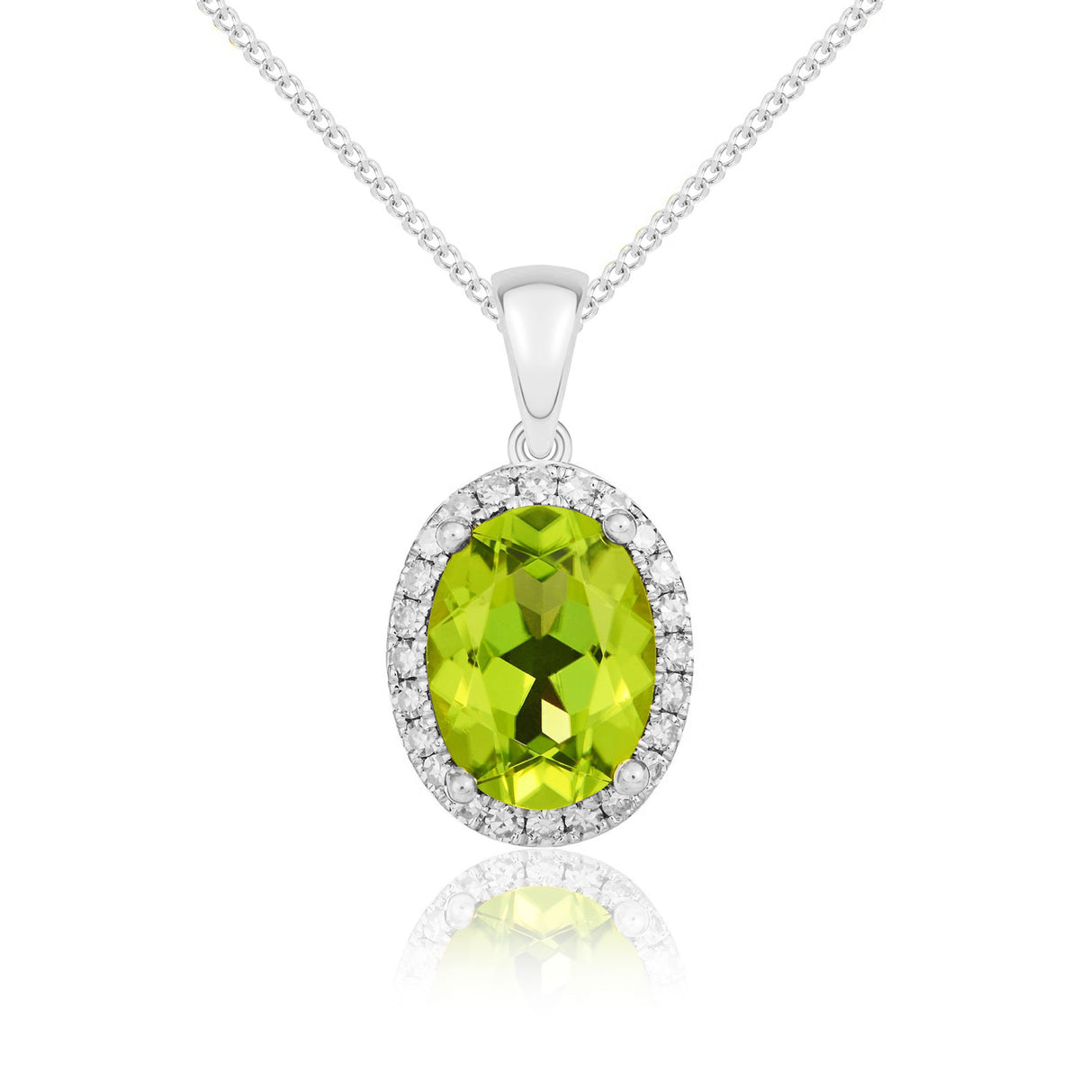 9CT WG 9X7 OVAL PERIDOT & DIAMOND CLAW SET CLUSTER PENDANT