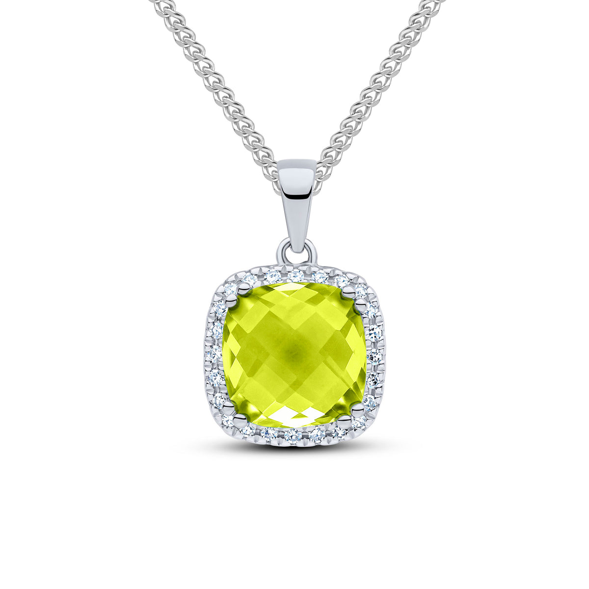 9CT WG 8MM CHECKEBOARD CUT CUSHION PERIDOT & DIAMOND CLAW SET CLUSTER PENDANT