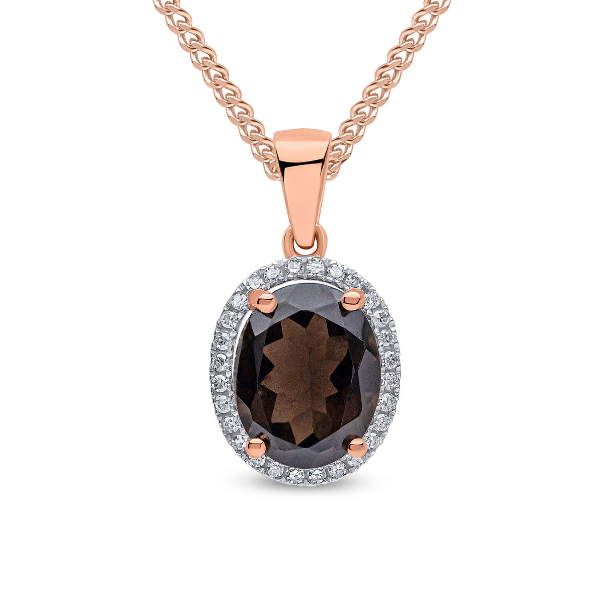 9CT RG 10X8 OVAL SMOKY QUARTZ & DIAMOND CLAW SET CLUSTER PENDANT. RHODIUM TO DIAMONDS