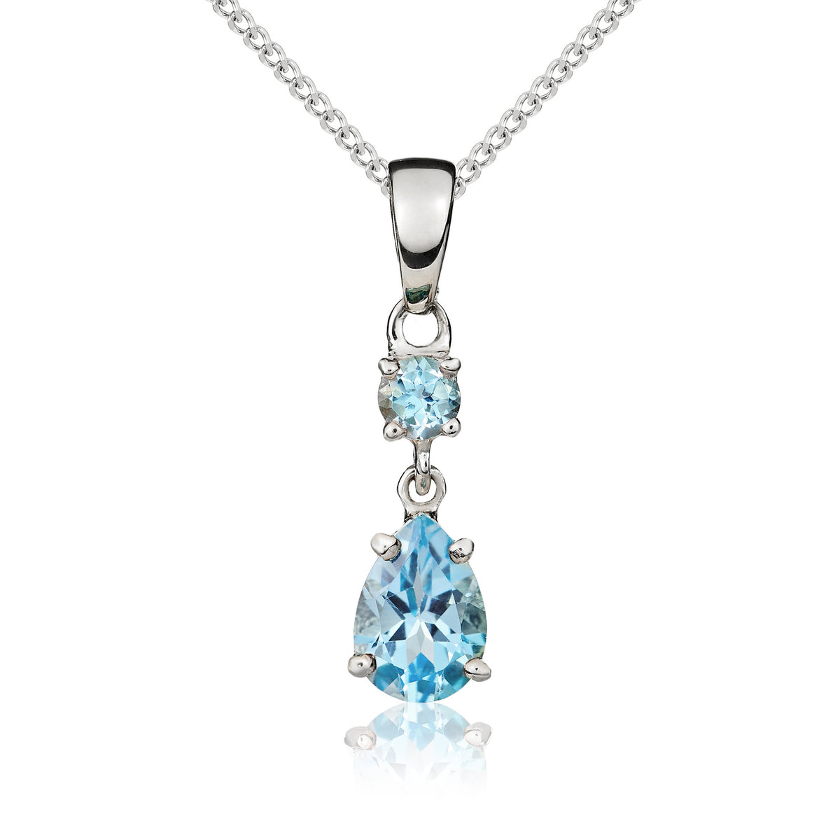 9CT WG ROUND AND PEARSHAPE SWISS BLUE TOPAZ CLAW SET 2ST DROP PENDANT