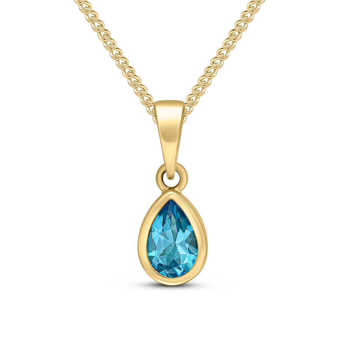 9CT YG 6X4 PEARSHAPE SWISS BLUE TOPAZ RUBOVER SINGLE STONE PENDANT