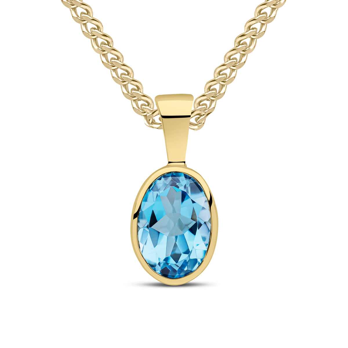 9CT YG 7X5 OVAL SWISS BLUE TOPAZ RUBOVER PENDANT
