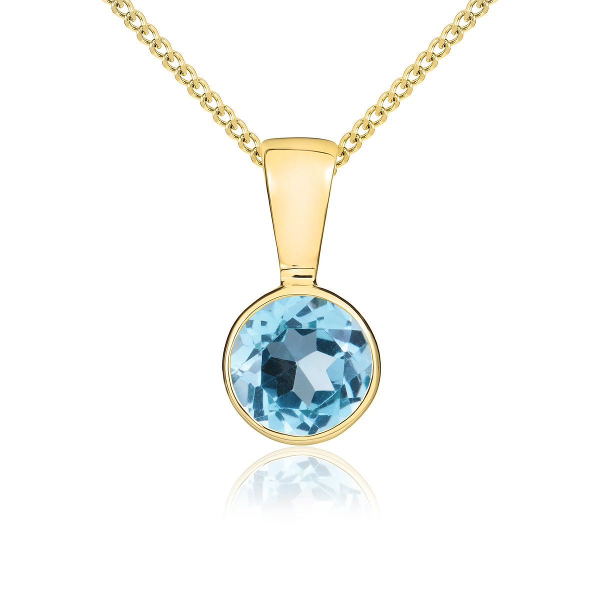9CT YG 5MM ROUND SWISS BLUE TOPAZ RUBOVER PENDANT