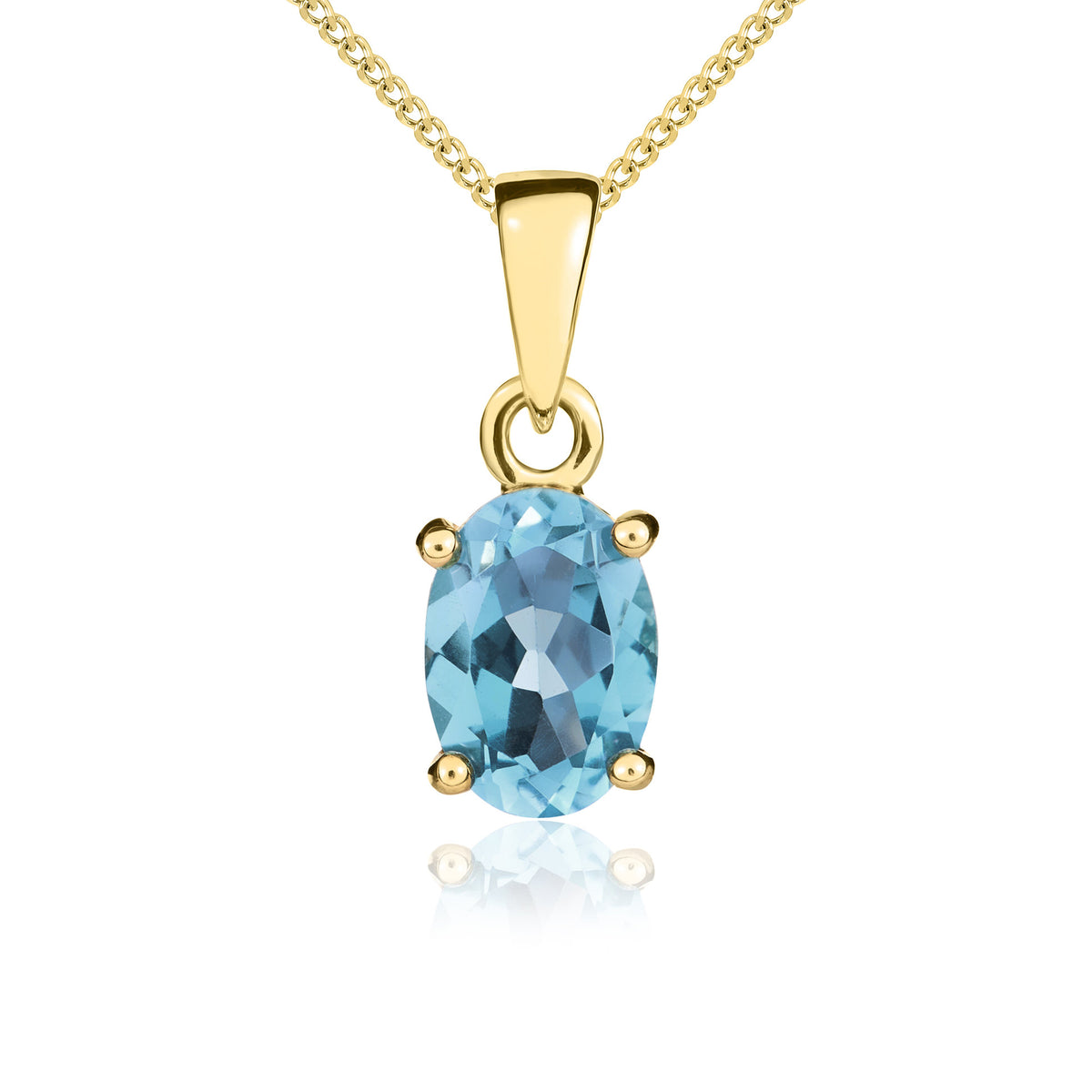 9CT YG 7X5MM OVAL SWISS BLUE TOPAZ 4 CLAW PENDANT