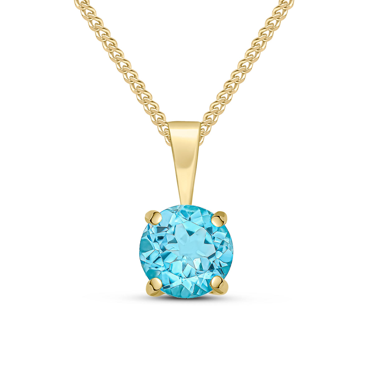 9CT YG 6MM ROUND SWISS BLUE TOPAZ 4 CLAW PENDANT