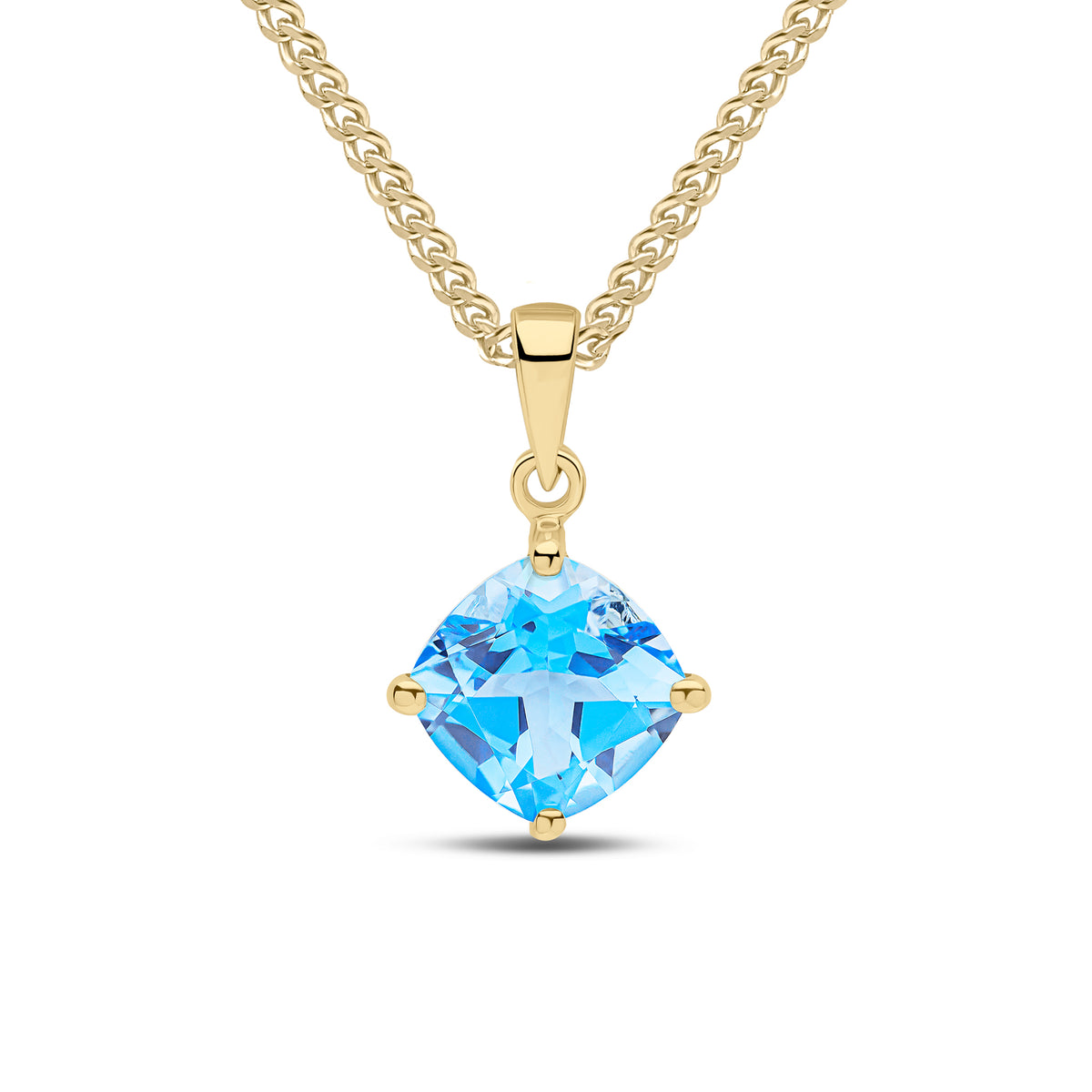 9CT YG 8MM CUSHION SWISS BLUE TOPAZ CLAW SET PENDANT
