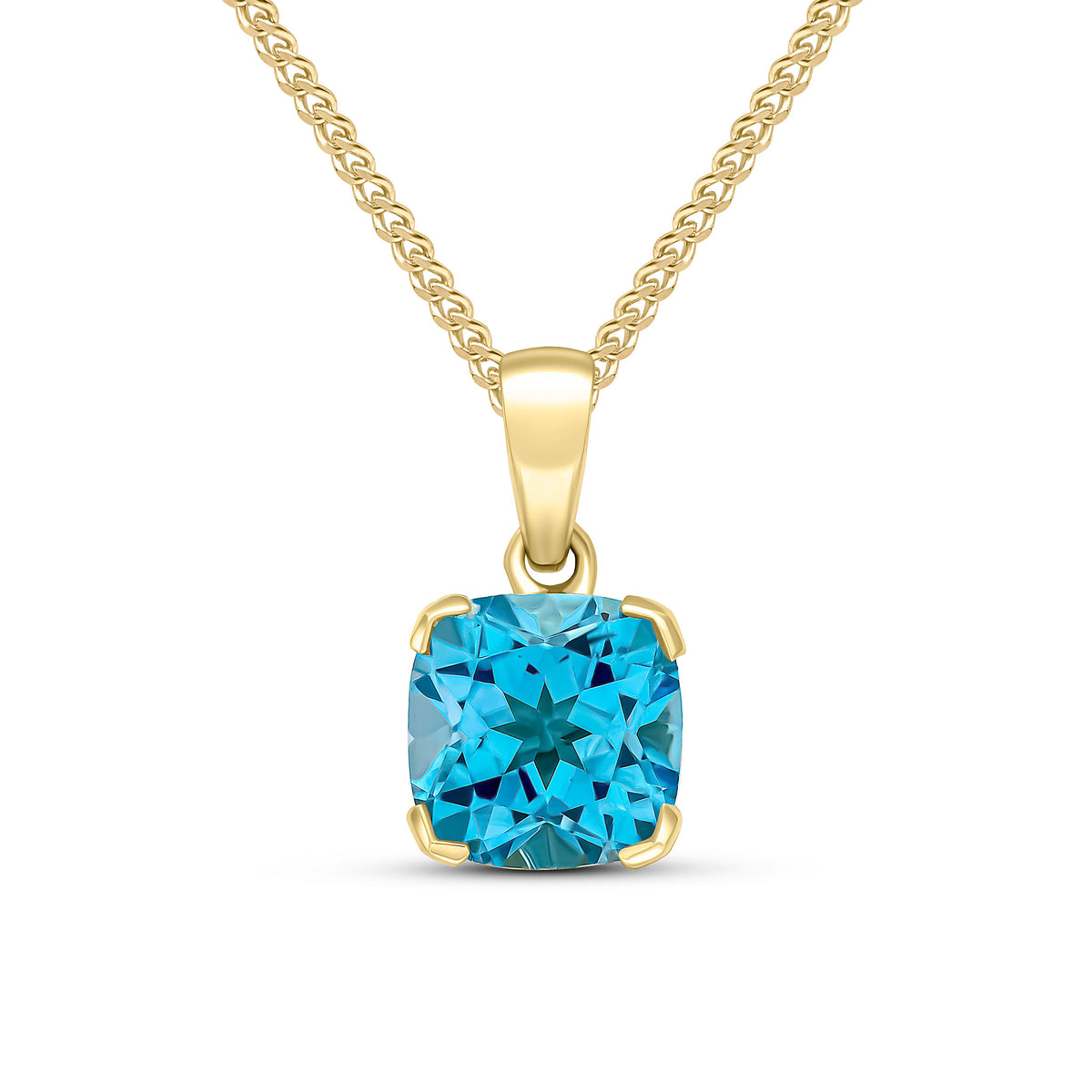 9CT YG 8MM CUSHION SWISS BLUE TOPAZ CLAW SET PENDANT
