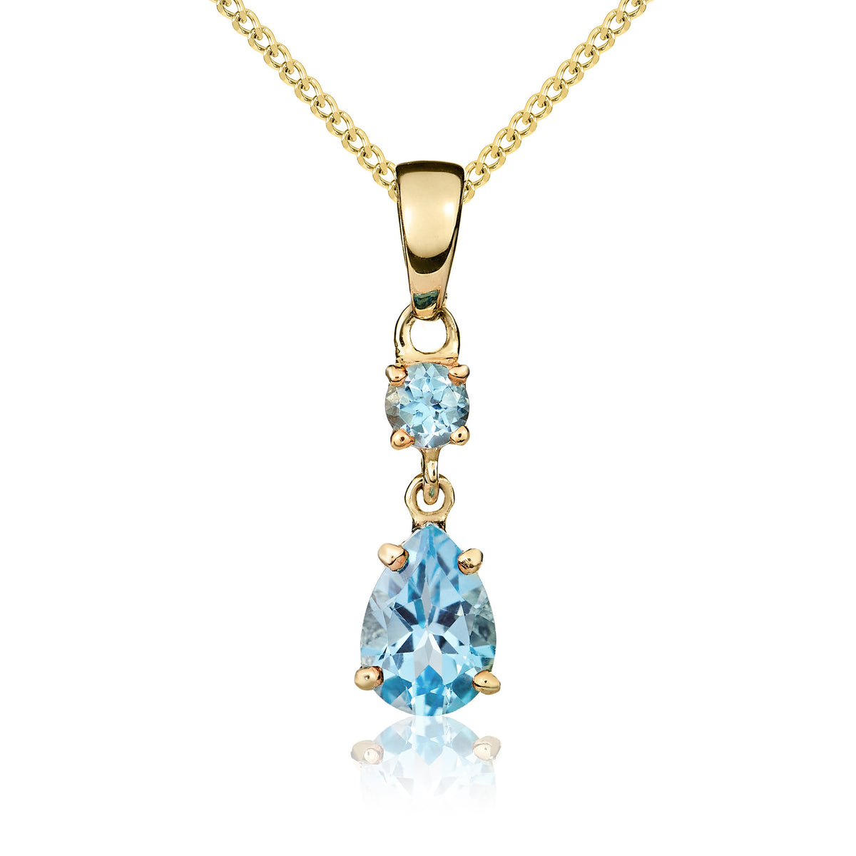 9CT YG ROUND AND PEARSHAPE SWISS BLUE TOPAZ CLAW SET 2ST DROP PENDANT